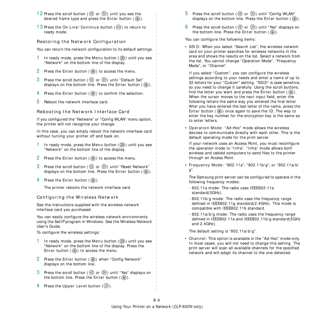 Samsung CLP-600 manual Restoring the Network Configuration, Rebooting the Network Interface Card 