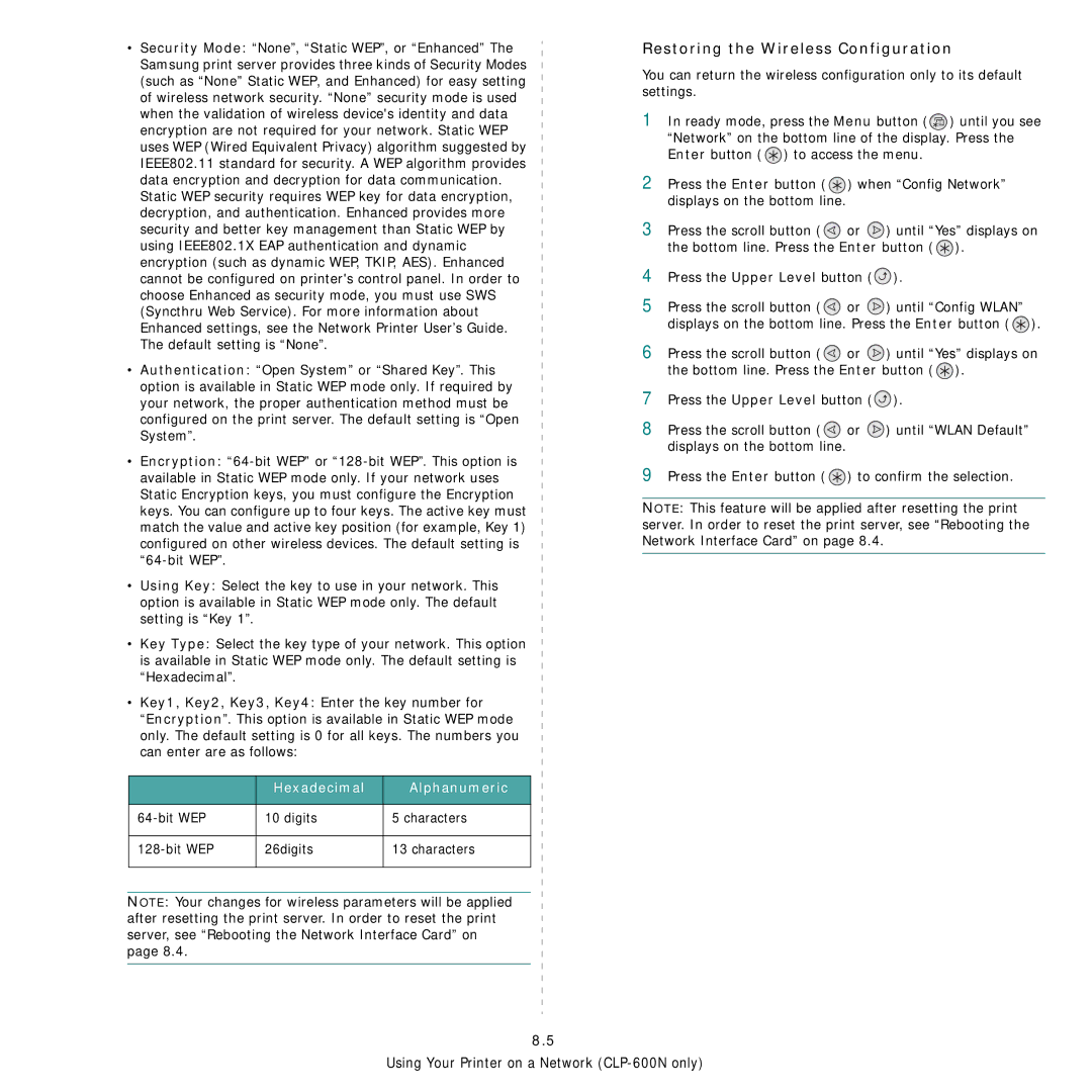 Samsung CLP-600 manual Restoring the Wireless Configuration, Hexadecimal Alphanumeric, Bit WEP Digits Characters 26digits 