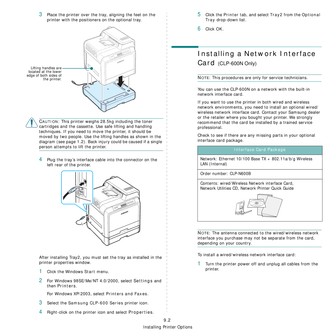 Samsung CLP-600 manual Installing a Network Interface, Interface Card Package 