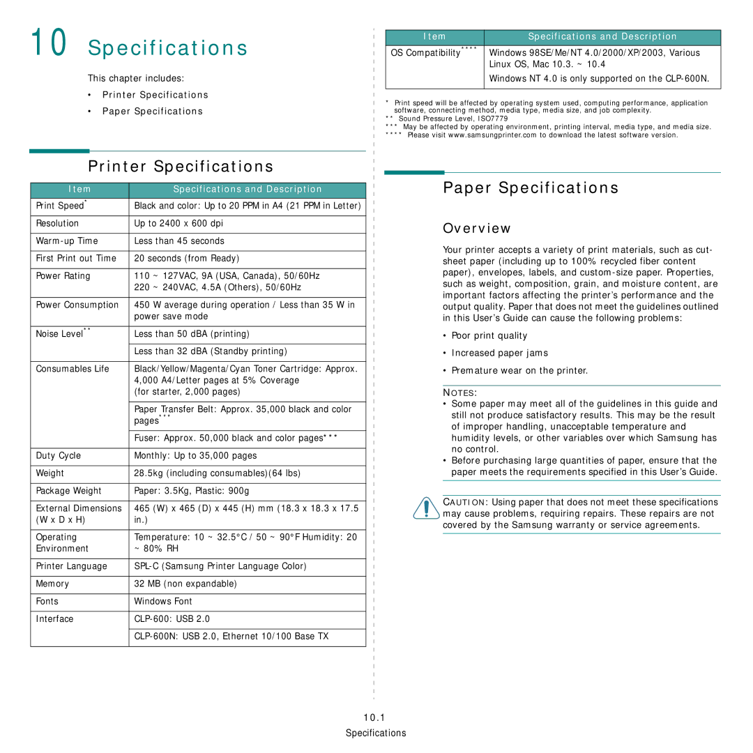 Samsung CLP-600 manual Printer Specifications, Paper Specifications, Overview, 10.1 