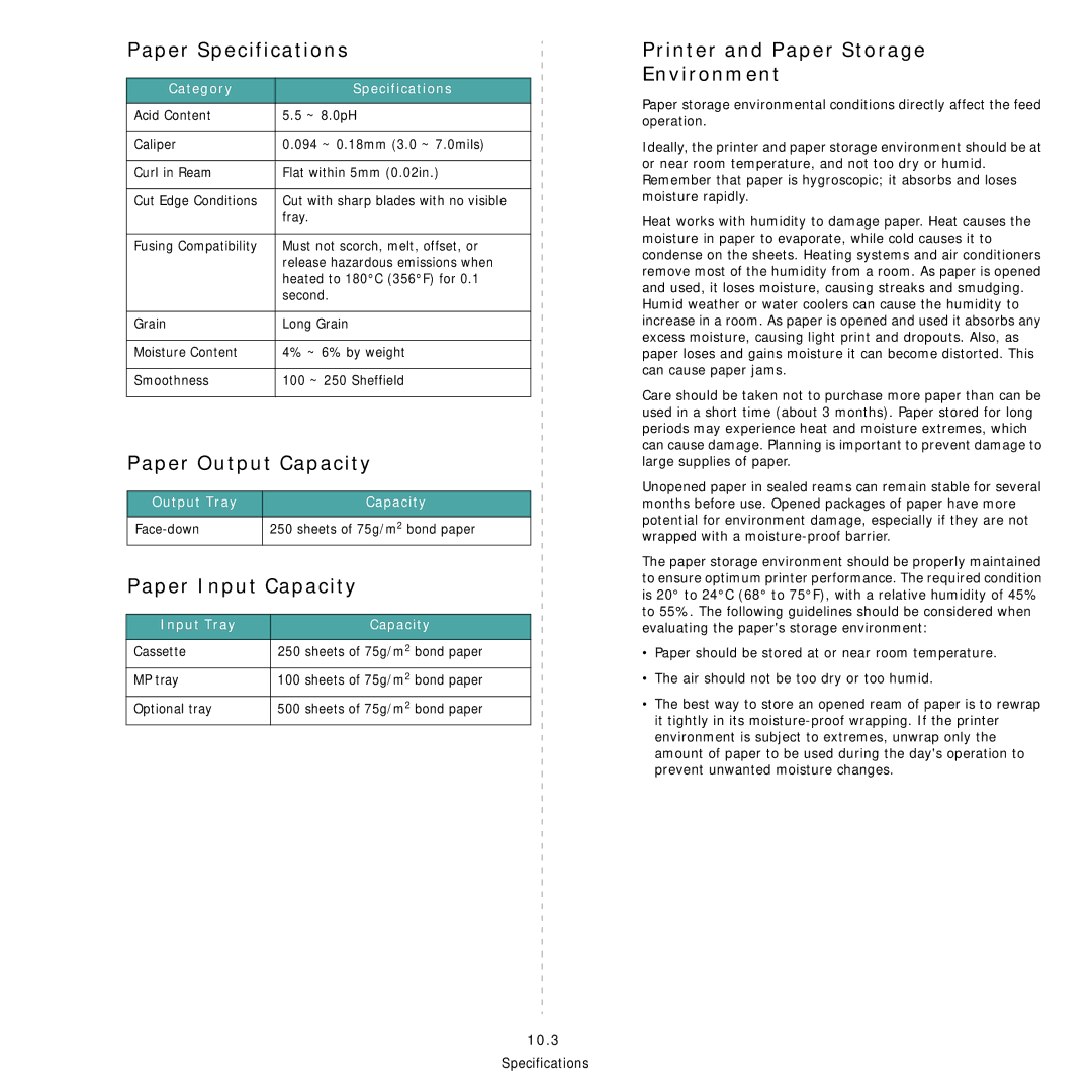 Samsung CLP-600 Paper Specifications, Paper Output Capacity, Paper Input Capacity, Printer and Paper Storage Environment 