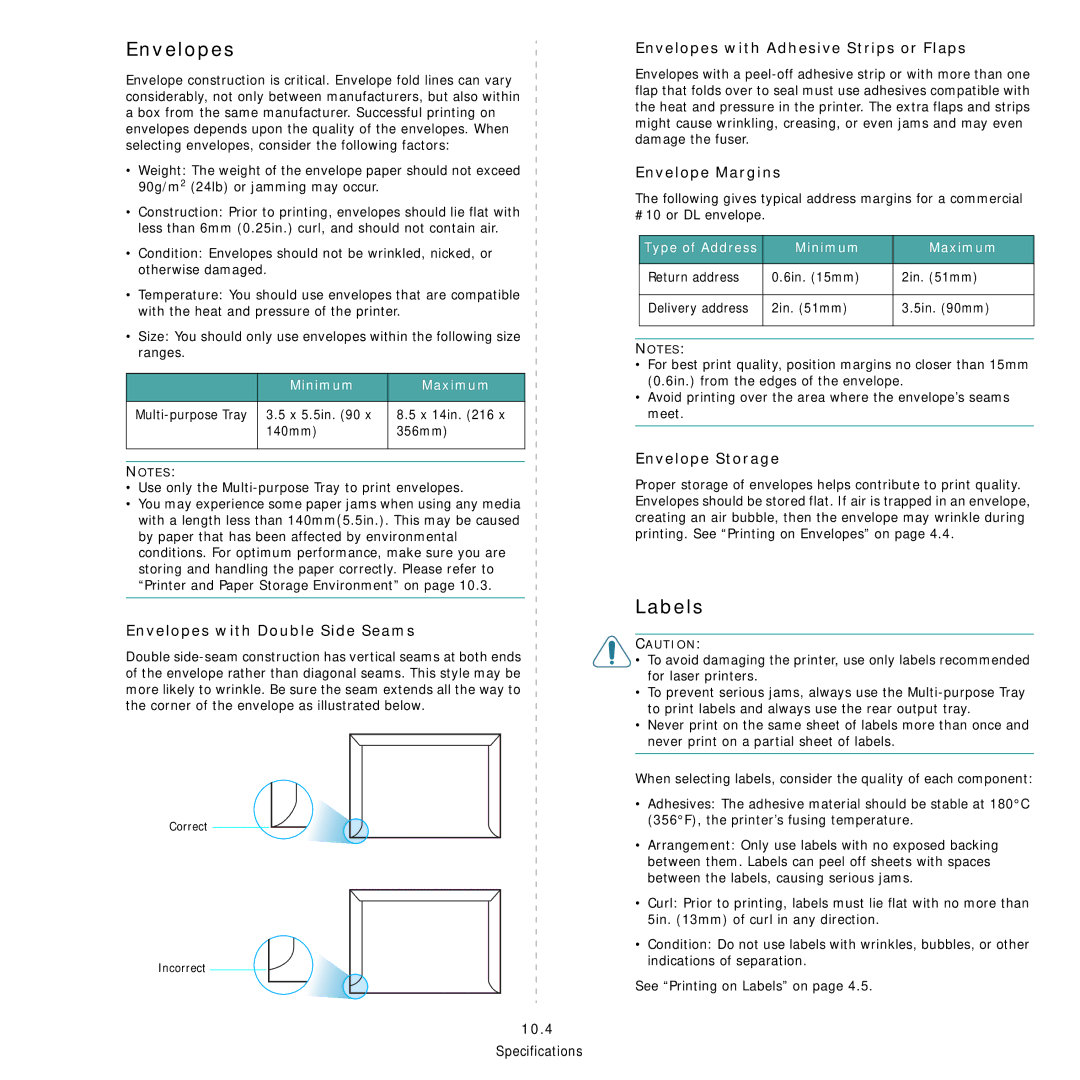 Samsung CLP-600 manual Envelopes, Labels 