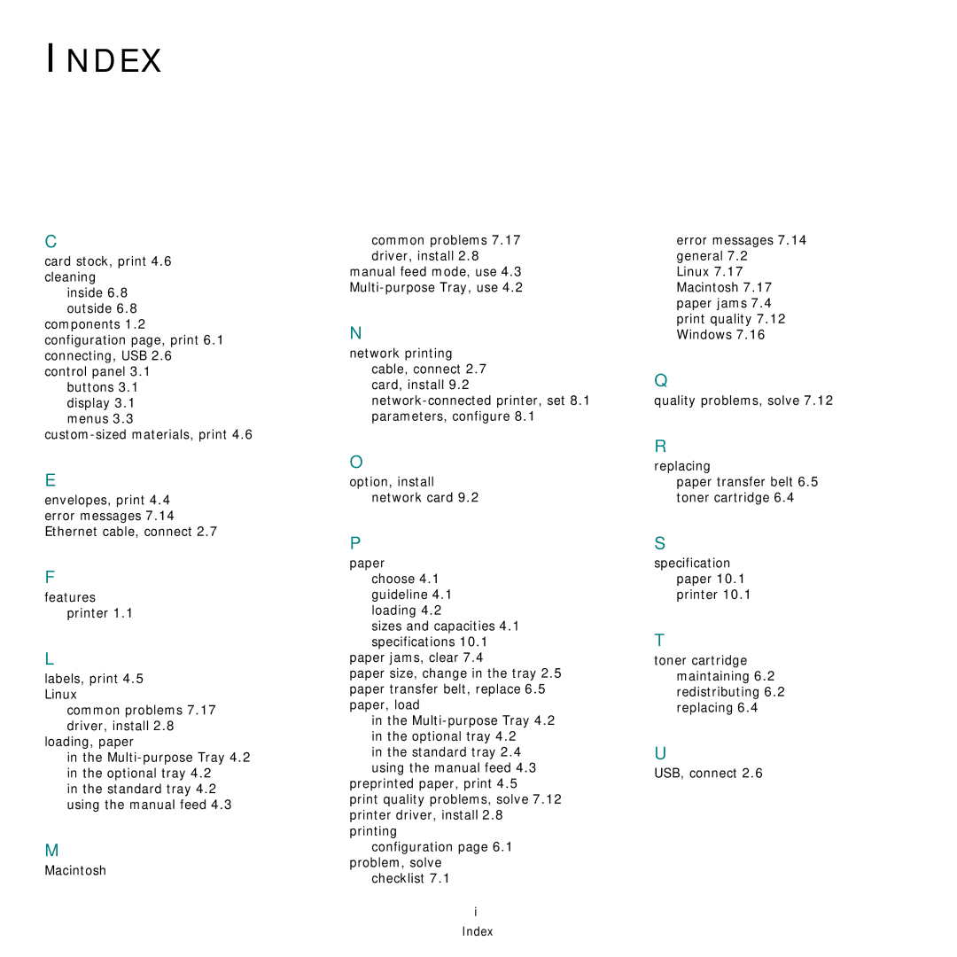 Samsung CLP-600 manual Index, Inside 6.8 outside 6.8 components 