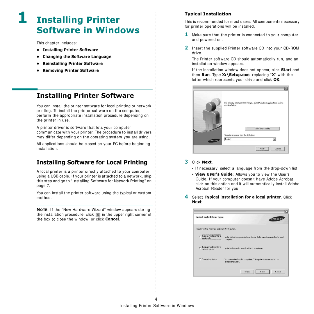 Samsung CLP-600 manual Installing Printer Software in Windows, Installing Software for Local Printing, Typical Installation 