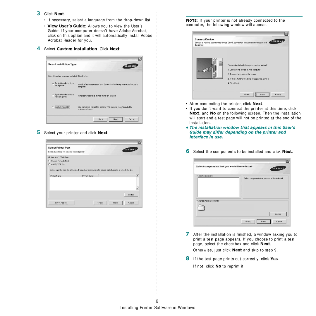 Samsung CLP-600 manual Select Custom installation. Click Next, Select the components to be installed and click Next 