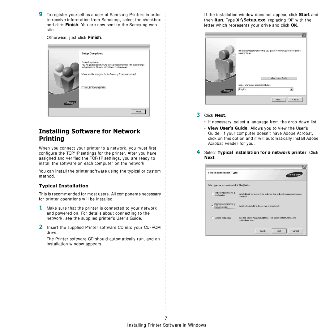 Samsung CLP-600 manual Installing Software for Network Printing, Typical Installation 