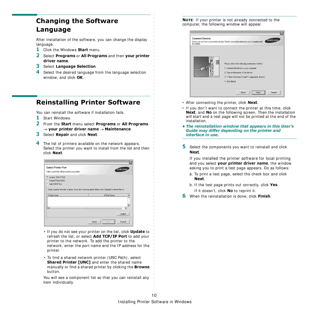 Samsung CLP-600 manual Changing the Software Language, Reinstalling Printer Software 