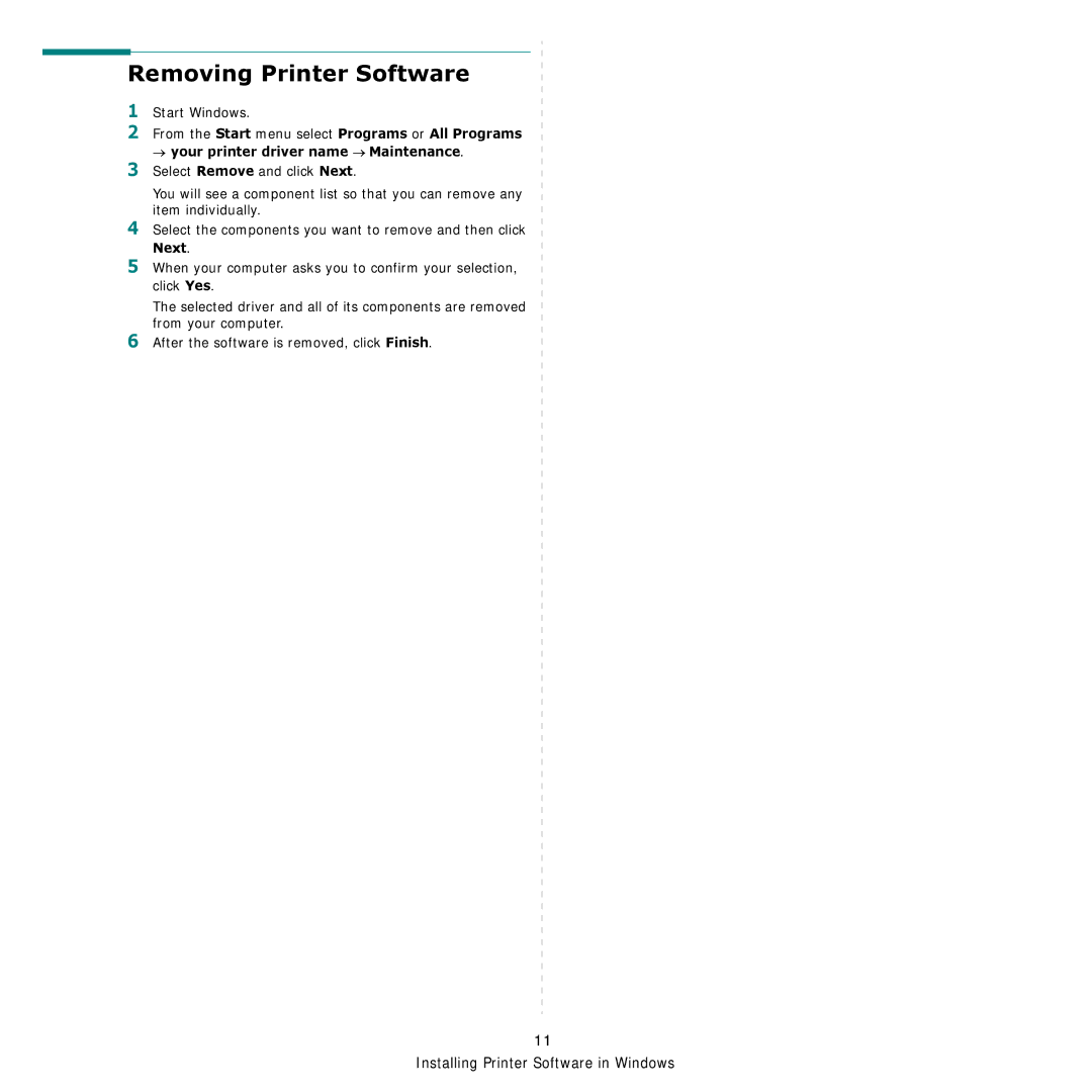 Samsung CLP-600 manual Removing Printer Software, Next 