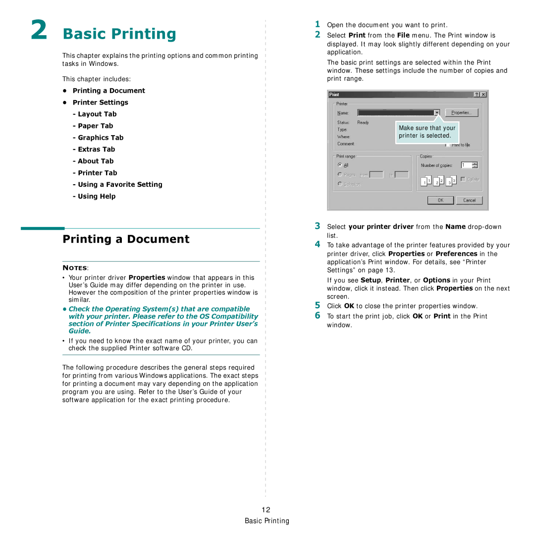 Samsung CLP-600 manual Basic Printing, Select your printer driver from the Name drop-down list 