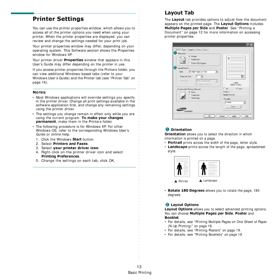 Samsung CLP-600 manual Printer Settings, Layout Tab, Select Printers and Faxes Select your printer driver icon, Orientation 