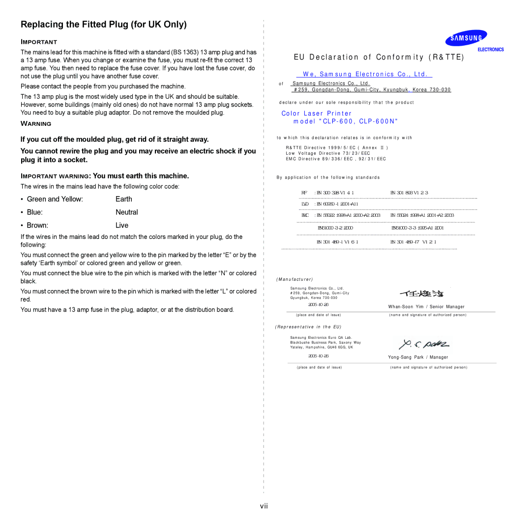 Samsung CLP-600 manual Replacing the Fitted Plug for UK Only 