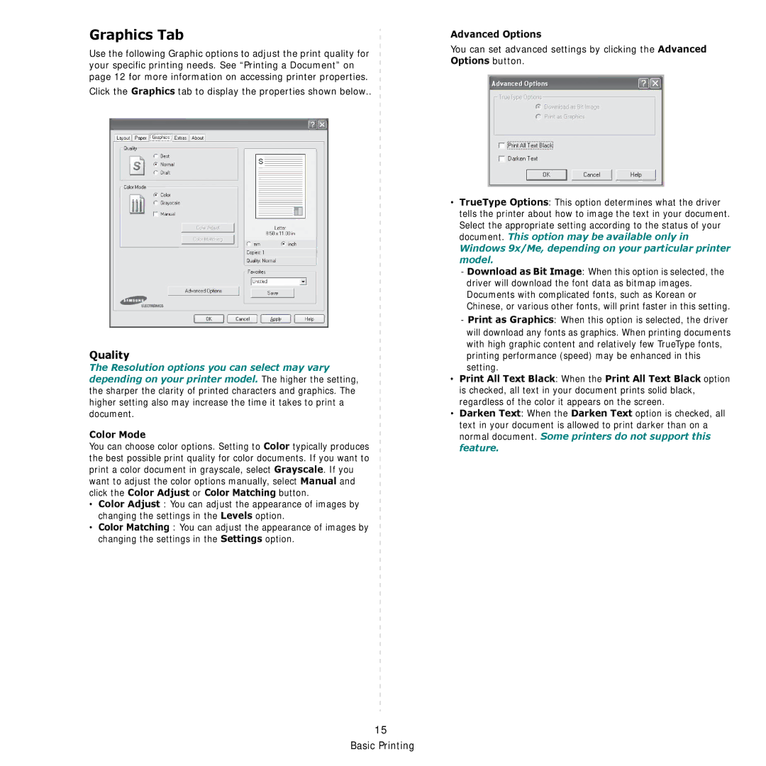 Samsung CLP-600 manual Graphics Tab, Quality, Color Mode, Advanced Options 