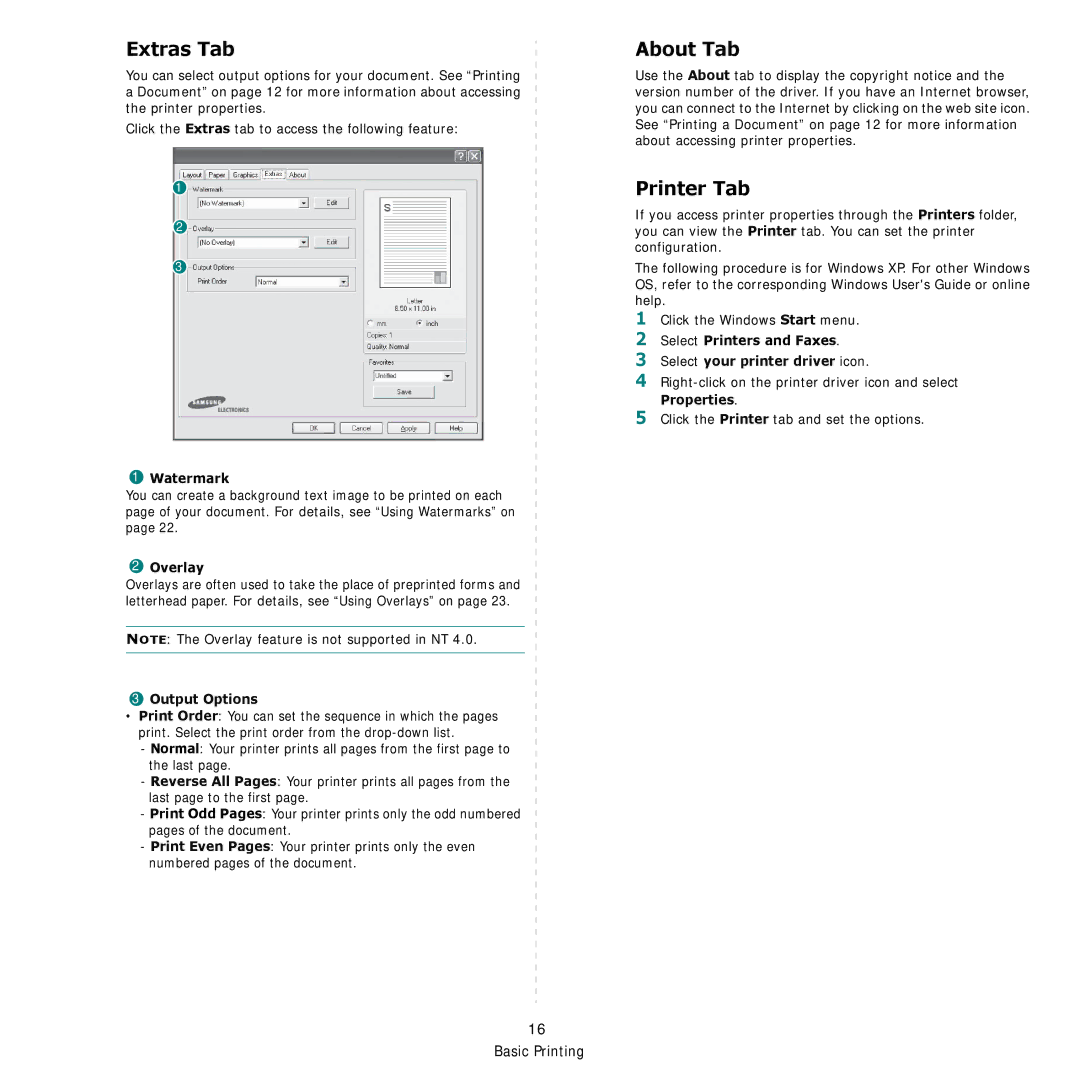 Samsung CLP-600 manual Extras Tab, About Tab, Printer Tab 