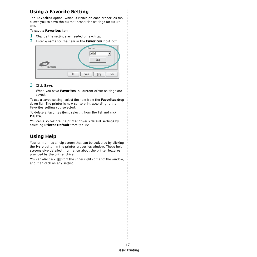 Samsung CLP-600 manual Using a Favorite Setting, Using Help 