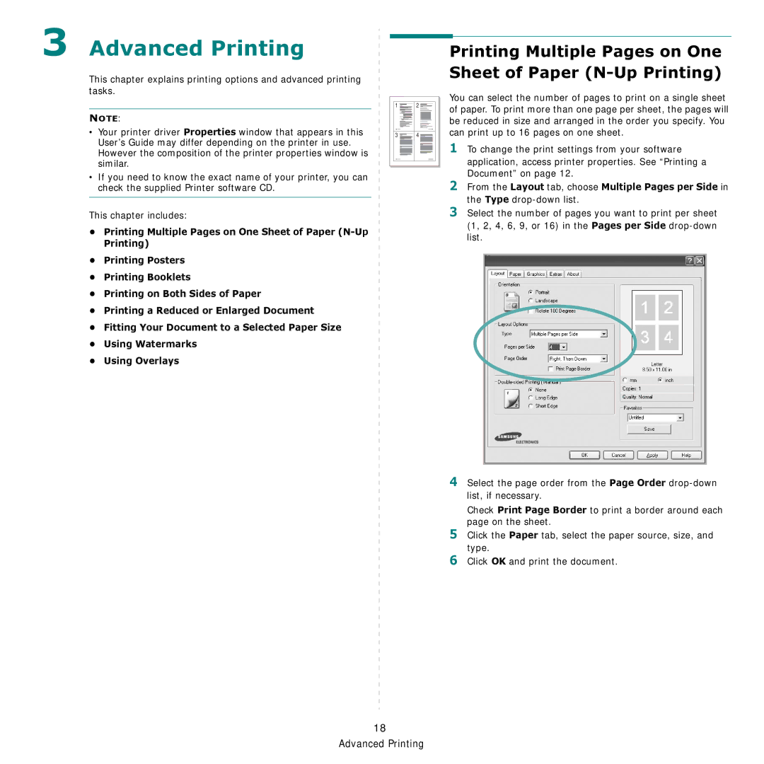 Samsung CLP-600 manual Advanced Printing, Printing Multiple Pages on One Sheet of Paper N-Up Printing 