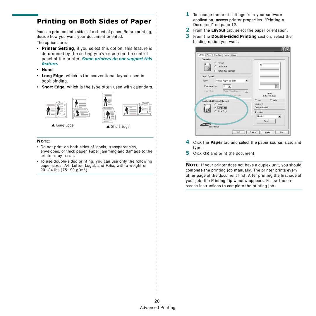 Samsung CLP-600 manual Printing on Both Sides of Paper, None 