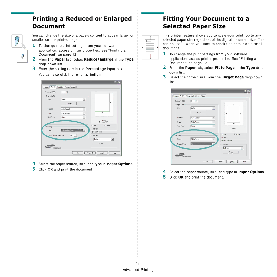 Samsung CLP-600 manual Printing a Reduced or Enlarged Document, Fitting Your Document to a Selected Paper Size 