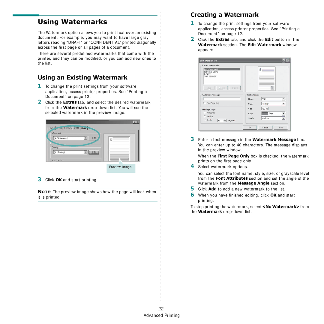 Samsung CLP-600 manual Using Watermarks, Using an Existing Watermark, Creating a Watermark, Click OK and start printing 