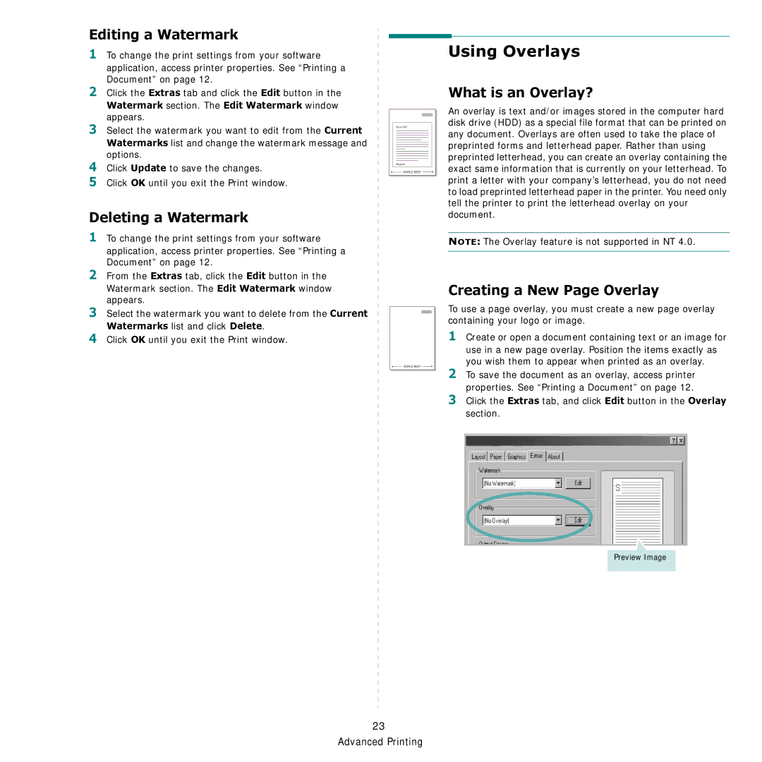 Samsung CLP-600 manual Using Overlays, Editing a Watermark, Deleting a Watermark, What is an Overlay? 