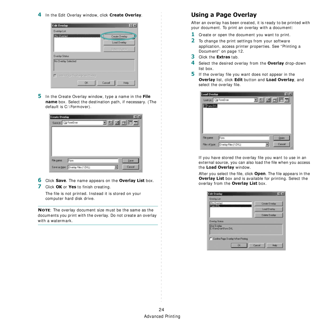 Samsung CLP-600 manual Using a Page Overlay 