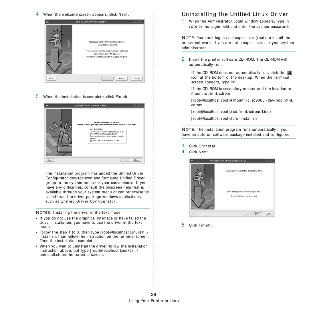 Samsung CLP-610 Series manual Uninstalling the Unified Linux Driver, Such as Unified Driver Configurator, Click Uninstall 