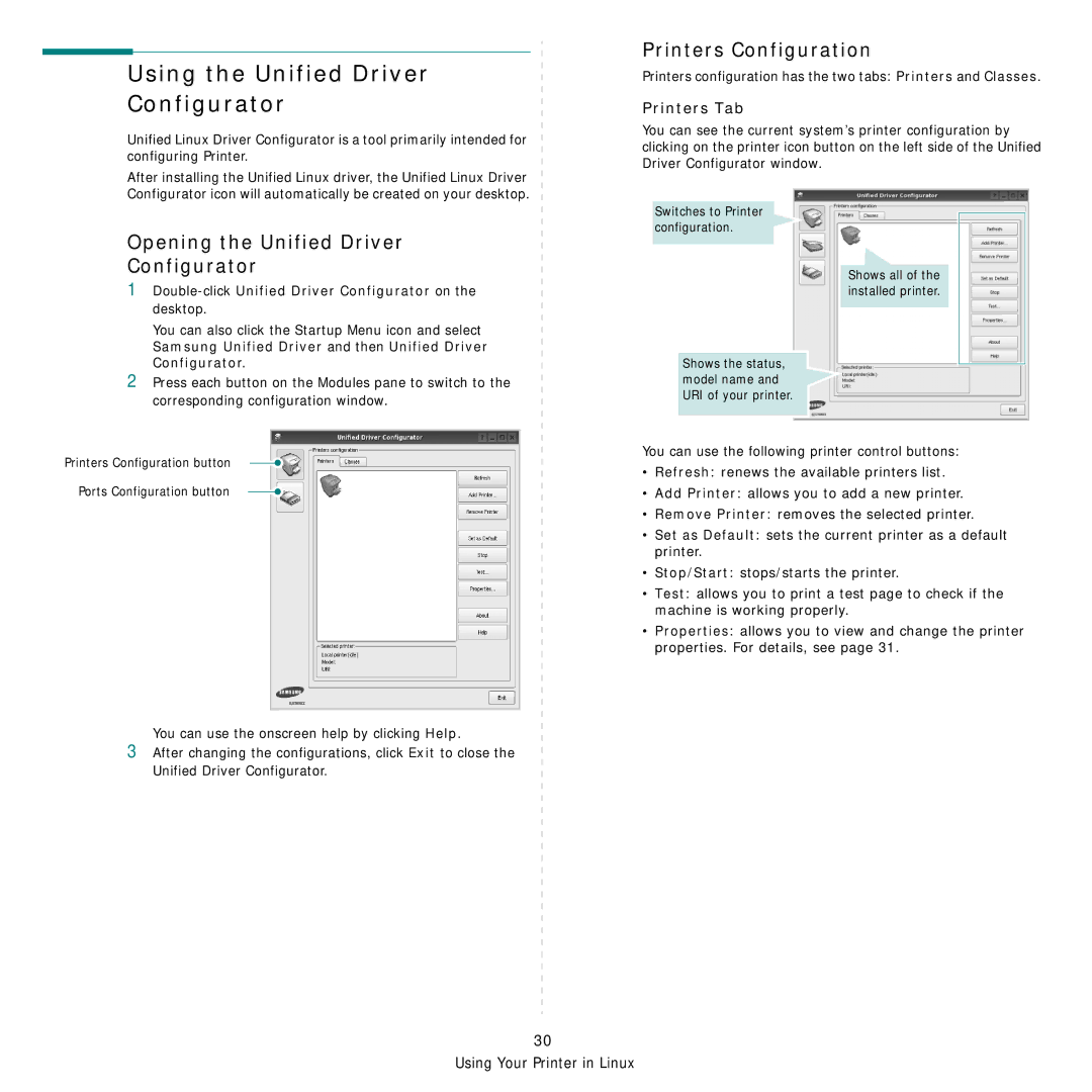 Samsung CLP-660 Series, CLP-610 Series manual Using the Unified Driver Configurator, Printers Configuration, Printers Tab 