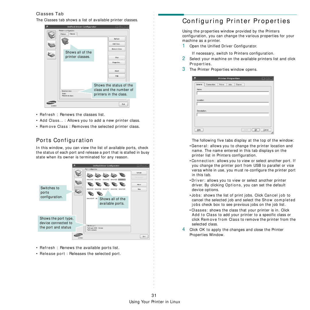 Samsung CLP-610 Series, CLP-660 Series manual Configuring Printer Properties, Ports Configuration, Classes Tab 