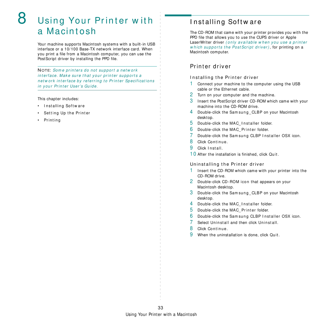 Samsung CLP-610 Series manual Installing Software, Installing the Printer driver, Uninstalling the Printer driver 