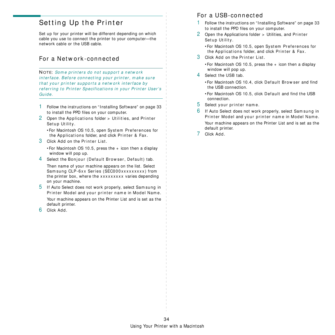 Samsung CLP-660 Series, CLP-610 Series manual Setting Up the Printer, For a Network-connected, For a USB-connected 