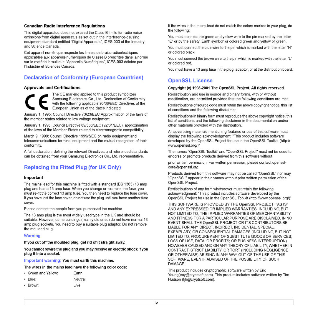 Samsung CLP-660 Series, CLP-610 Series Declaration of Conformity European Countries, Replacing the Fitted Plug for UK Only 