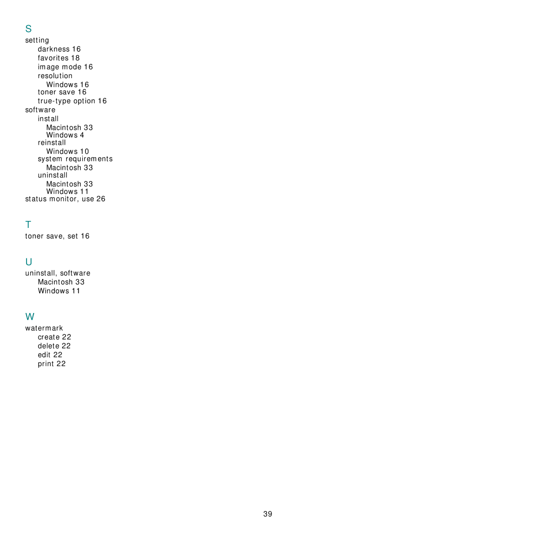 Samsung CLP-610 Series, CLP-660 Series manual Setting darkness 16 favorites 18 image mode 16 resolution 