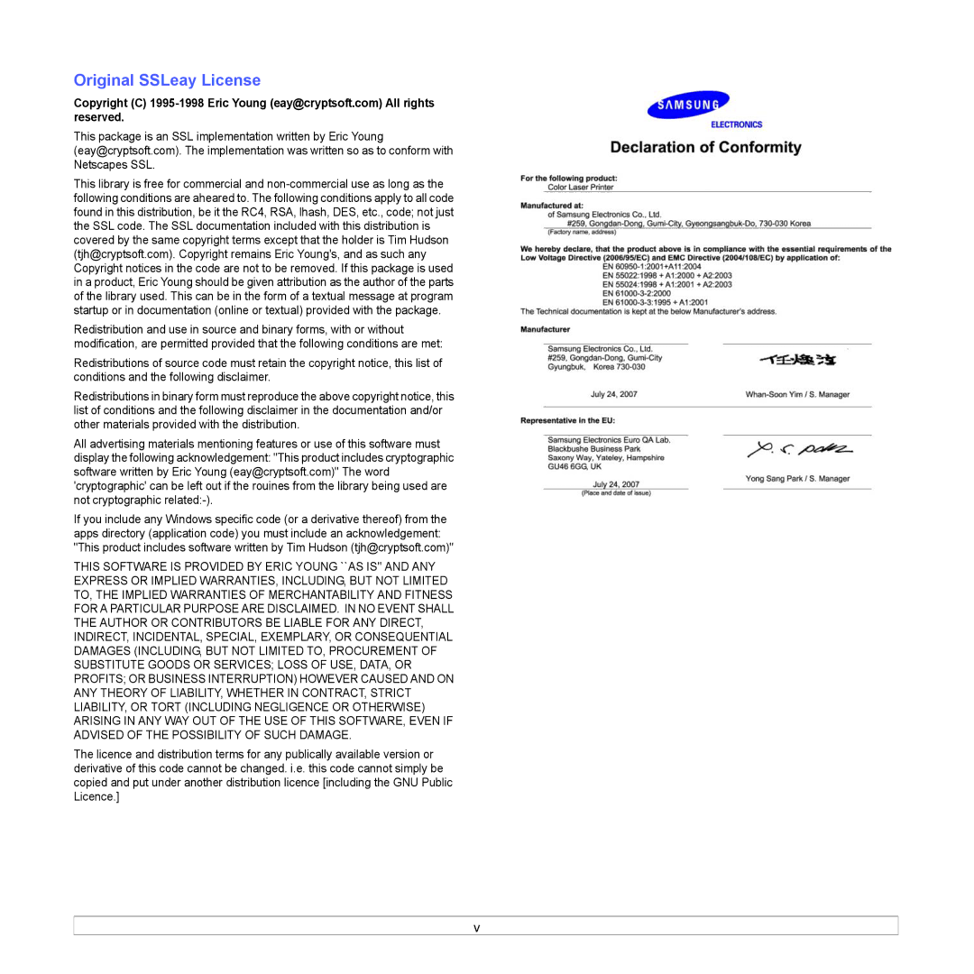 Samsung CLP-610 Series, CLP-660 Series manual Original SSLeay License 