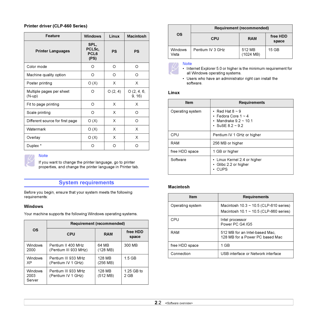 Samsung CLP-610 Series manual System requirements, Printer driver CLP-660 Series, Windows, Linux, Macintosh 