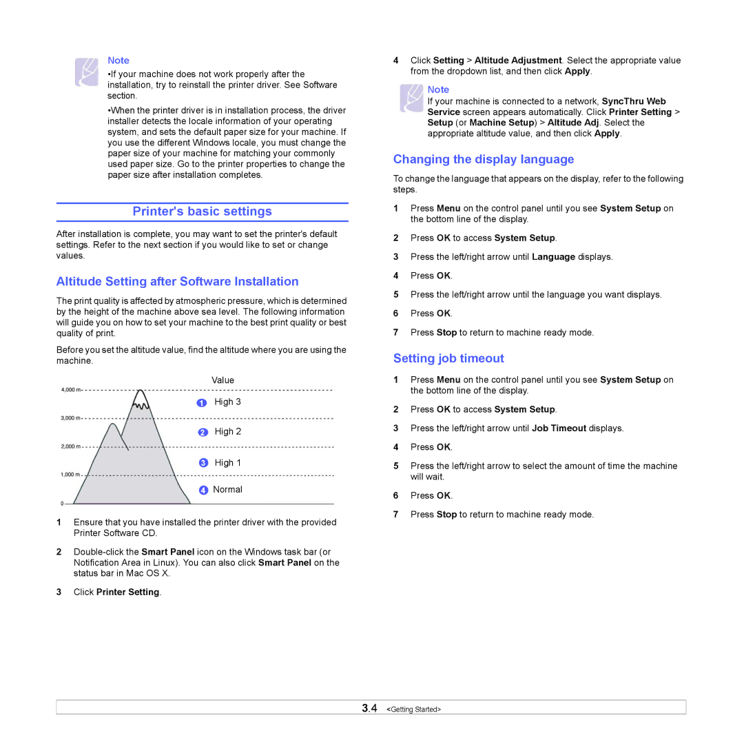 Samsung CLP-660 Series manual Printers basic settings, Altitude Setting after Software Installation, Setting job timeout 