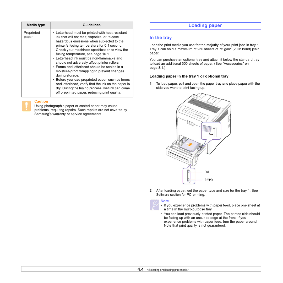 Samsung CLP-660 Series, CLP-610 Series manual Tray, Loading paper in the tray 1 or optional tray 