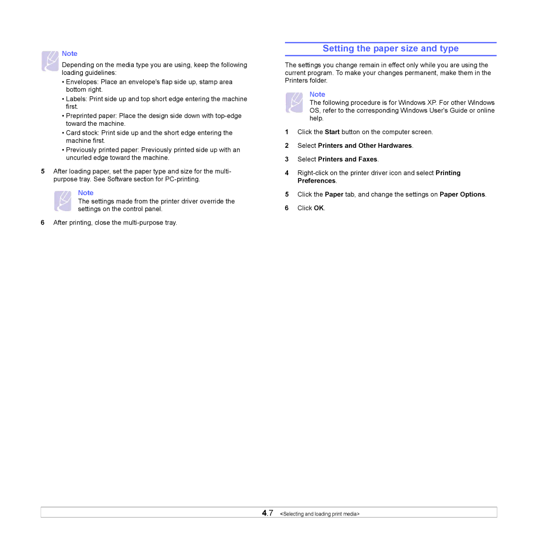 Samsung CLP-610 Series, CLP-660 Series manual Setting the paper size and type 