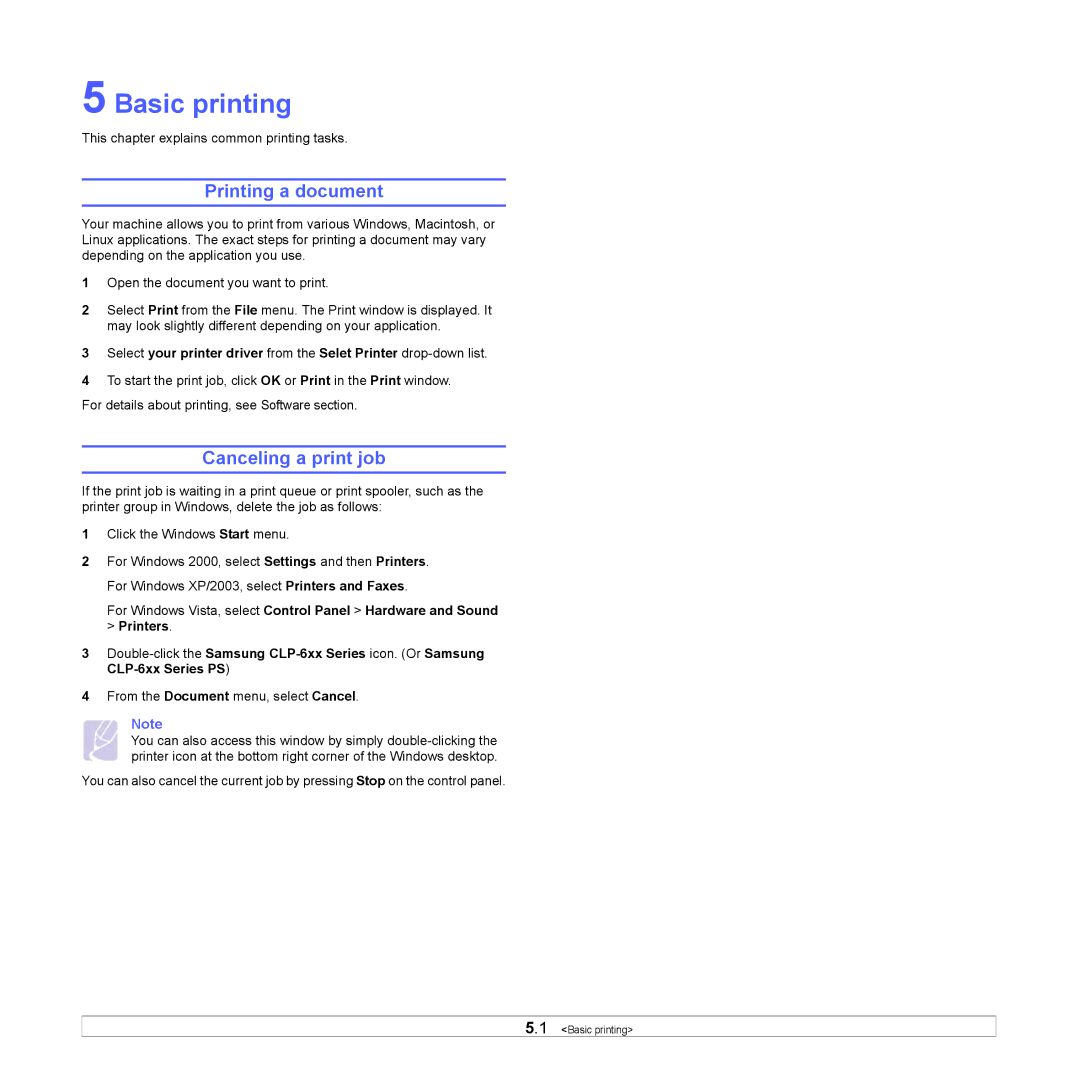 Samsung CLP-660 Series, CLP-610 Series manual Basic printing, Printing a document, Canceling a print job 