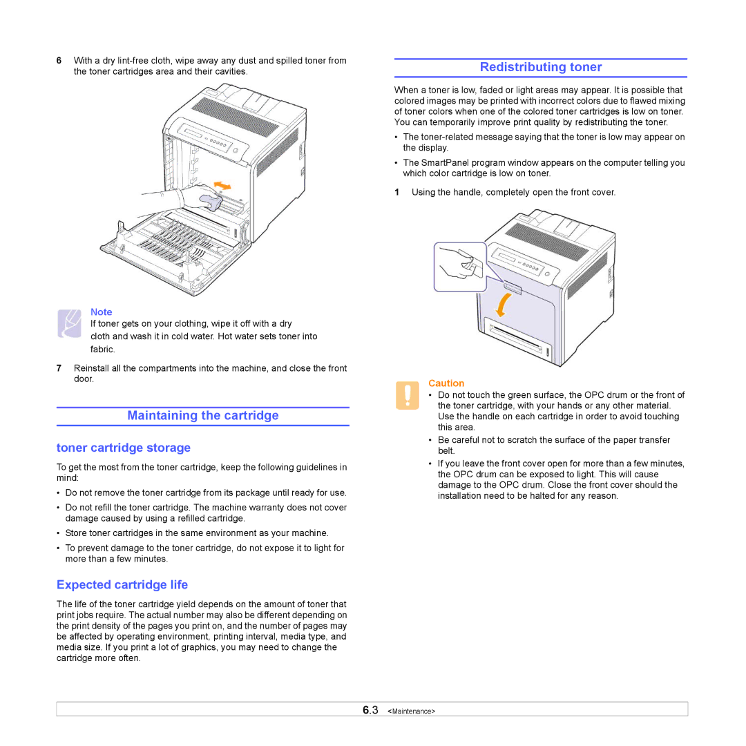 Samsung CLP-610 Series Maintaining the cartridge, Redistributing toner, Toner cartridge storage, Expected cartridge life 