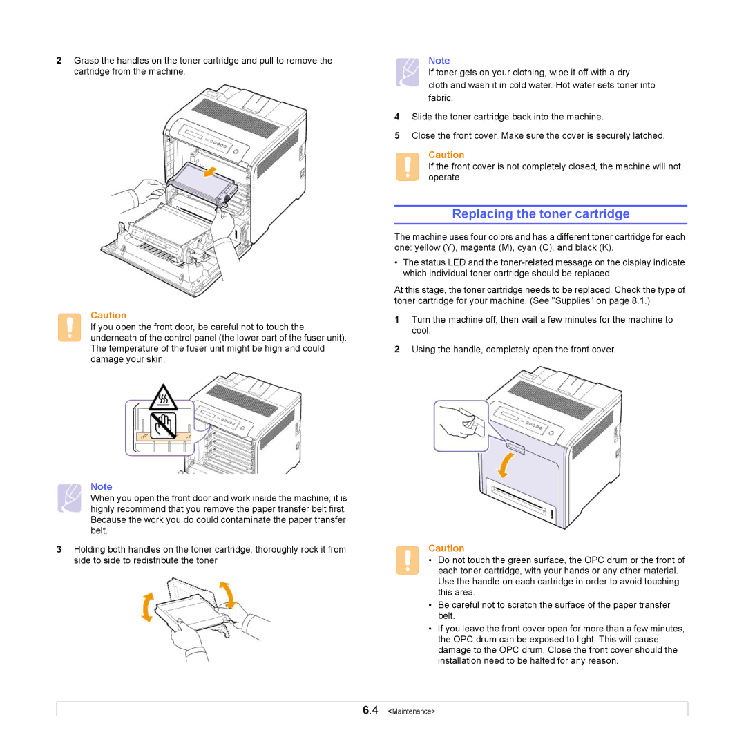 Samsung CLP-660 Series, CLP-610 Series manual Replacing the toner cartridge 