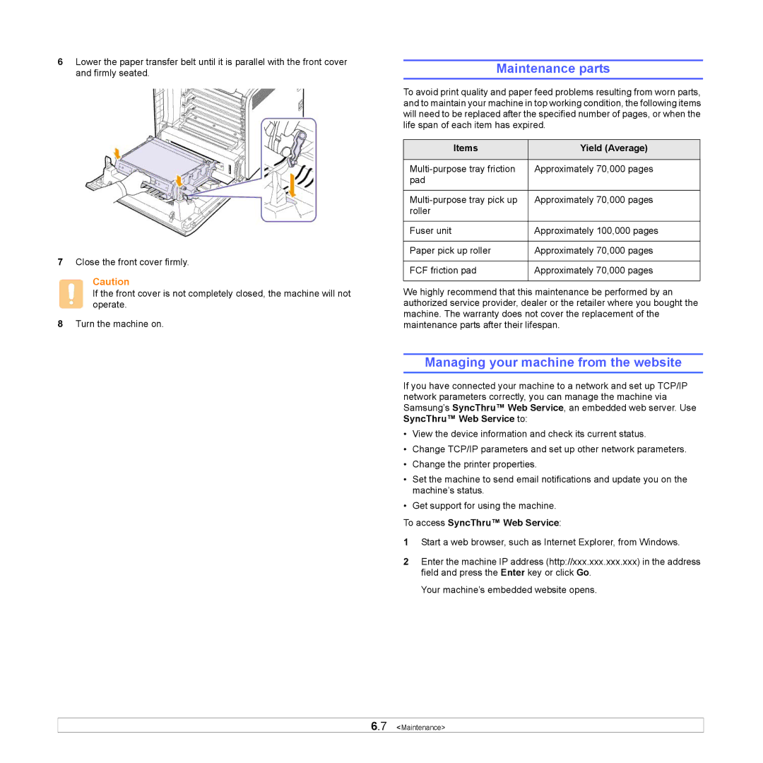 Samsung CLP-610 Series, CLP-660 Series manual Maintenance parts, Managing your machine from the website, Items Yield Average 