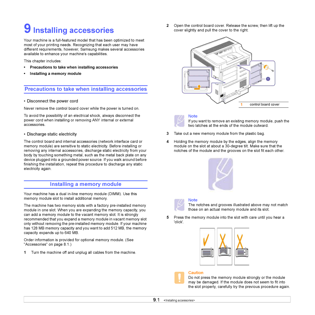 Samsung CLP-610 Series Installing accessories, Precautions to take when installing accessories, Installing a memory module 