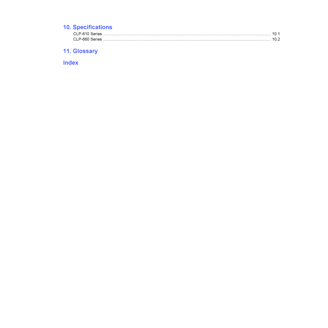 Samsung CLP-660 Series, CLP-610 Series manual Specifications, Glossary Index 
