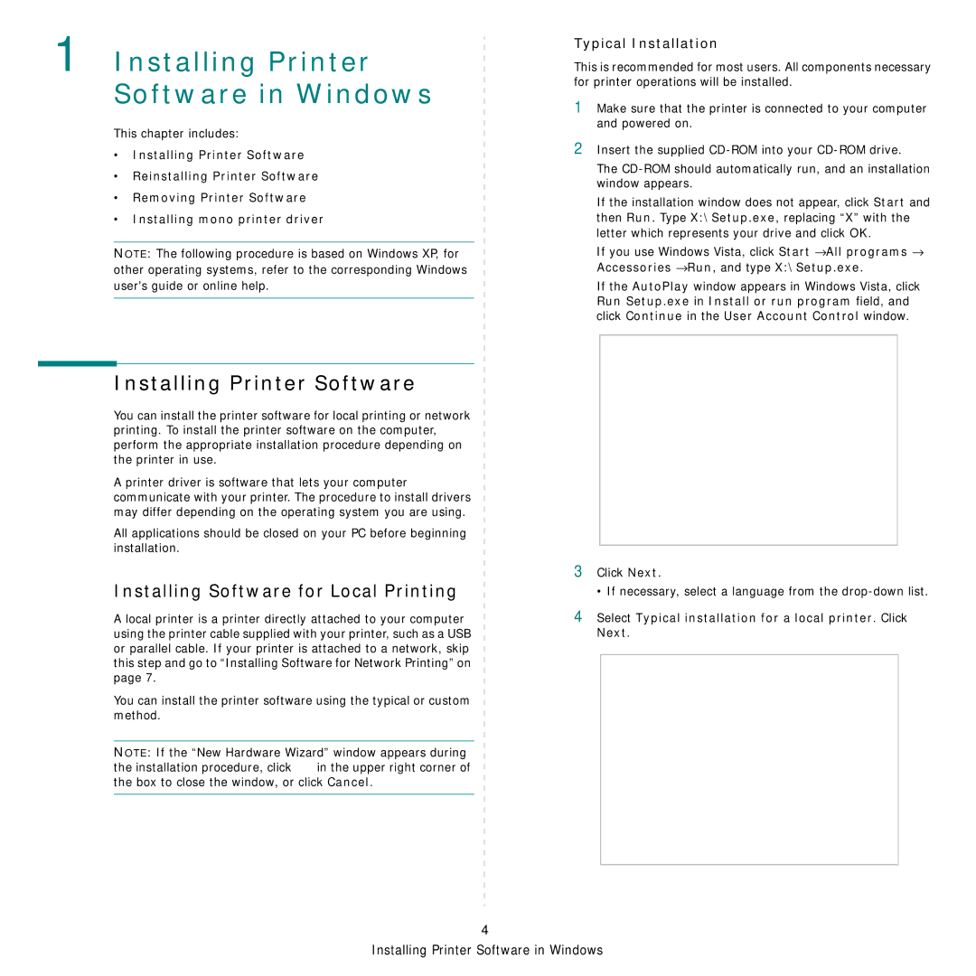 Samsung CLP-660 Series manual Installing Printer Software, Installing Software for Local Printing, Typical Installation 