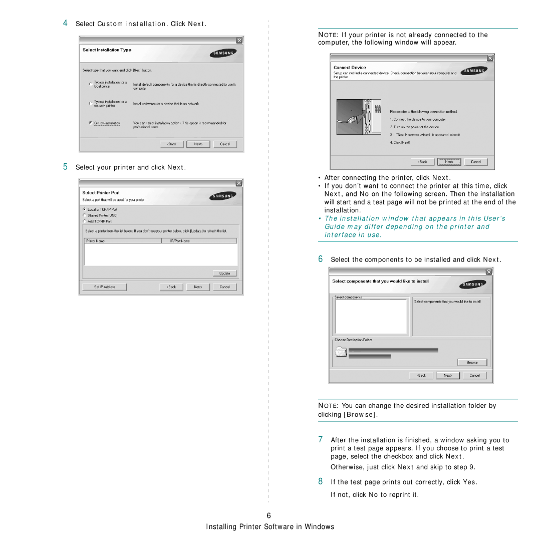 Samsung CLP-660 Series manual Select Custom installation. Click Next, Select the components to be installed and click Next 