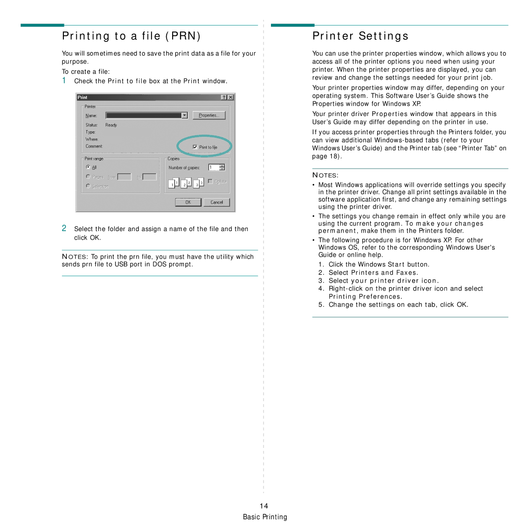 Samsung CLP-660 Series Printing to a file PRN, Printer Settings, Select Printers and Faxes Select your printer driver icon 