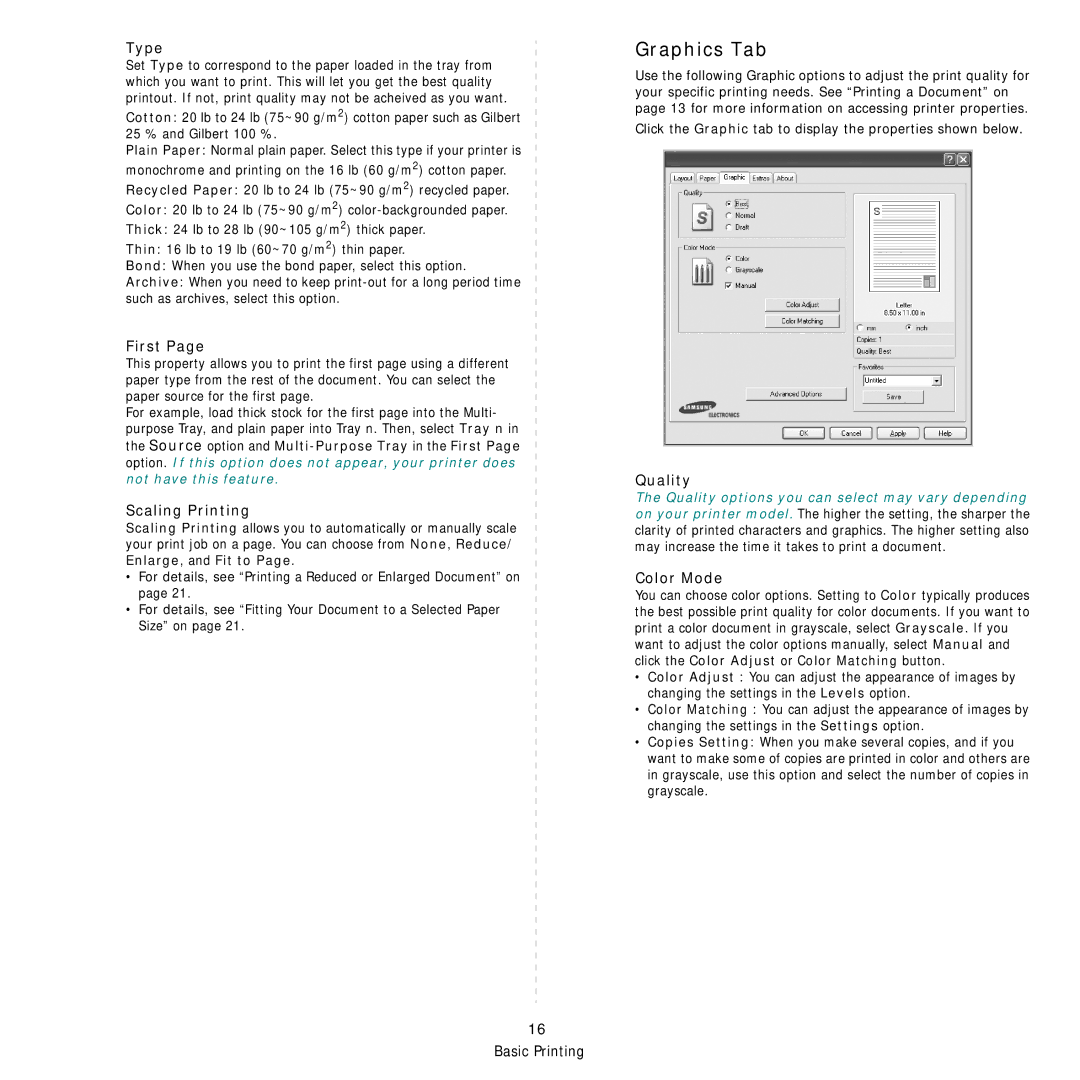 Samsung CLP-660 Series, CLP-610 Series manual Graphics Tab 