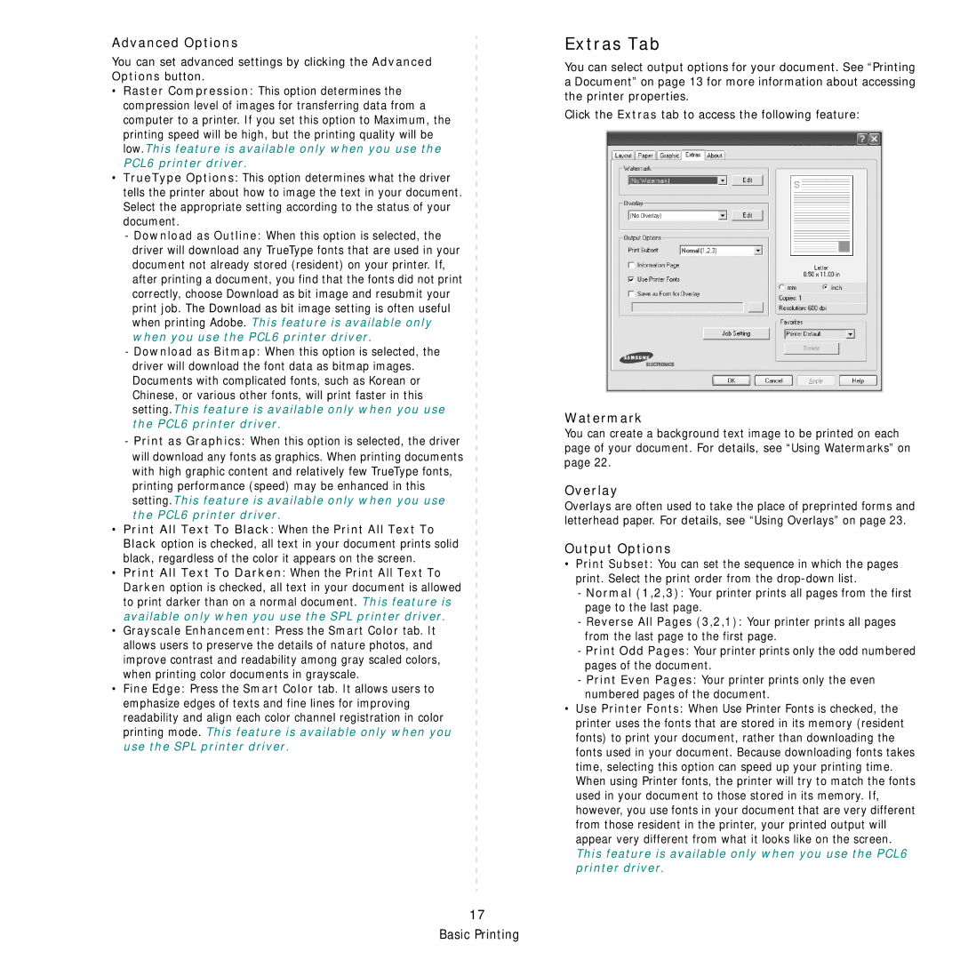 Samsung CLP-610 Series, CLP-660 Series manual Extras Tab, Advanced Options, Watermark, Overlay, Output Options 