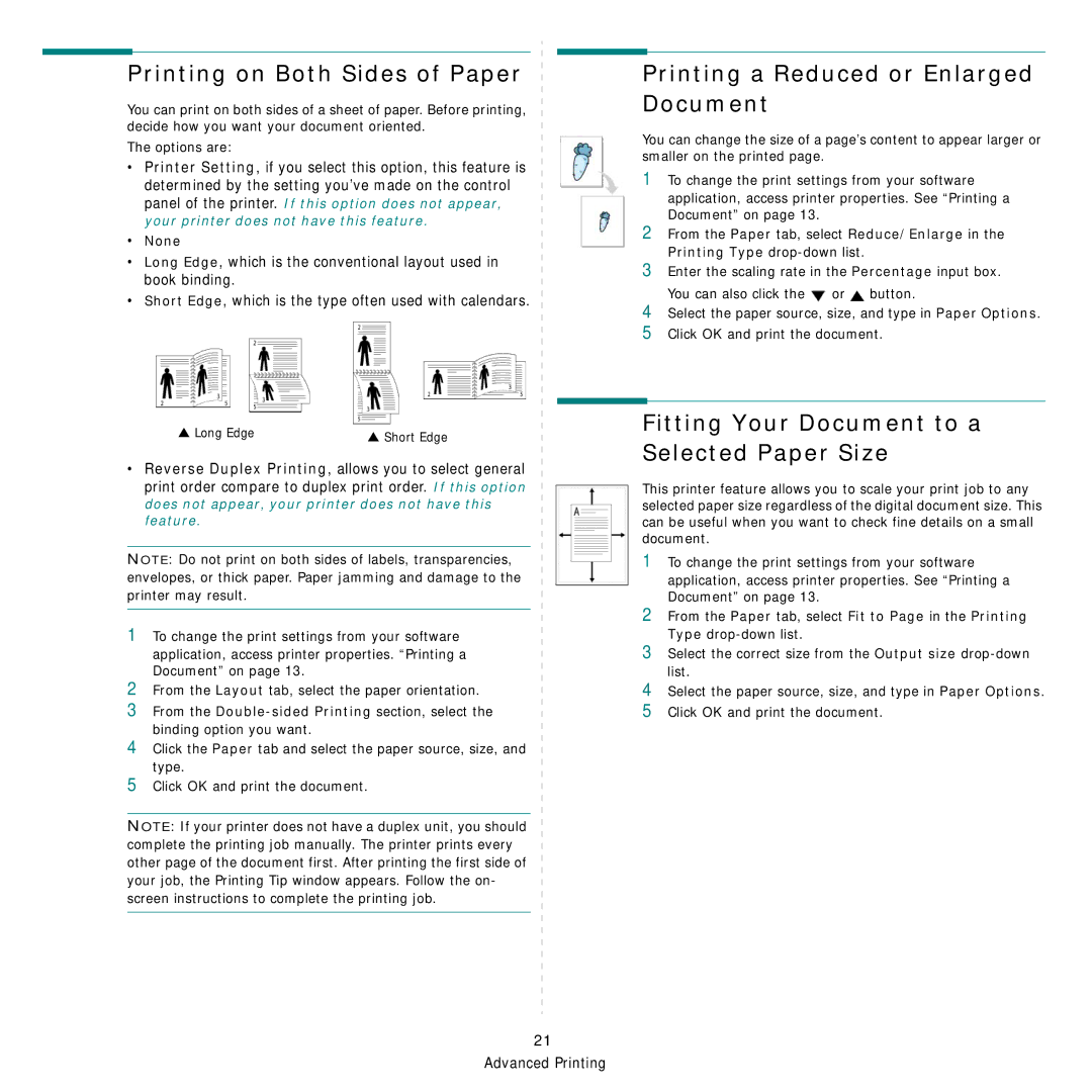 Samsung CLP-610 Series, CLP-660 Series manual Printing on Both Sides of Paper, Printing a Reduced or Enlarged Document, None 