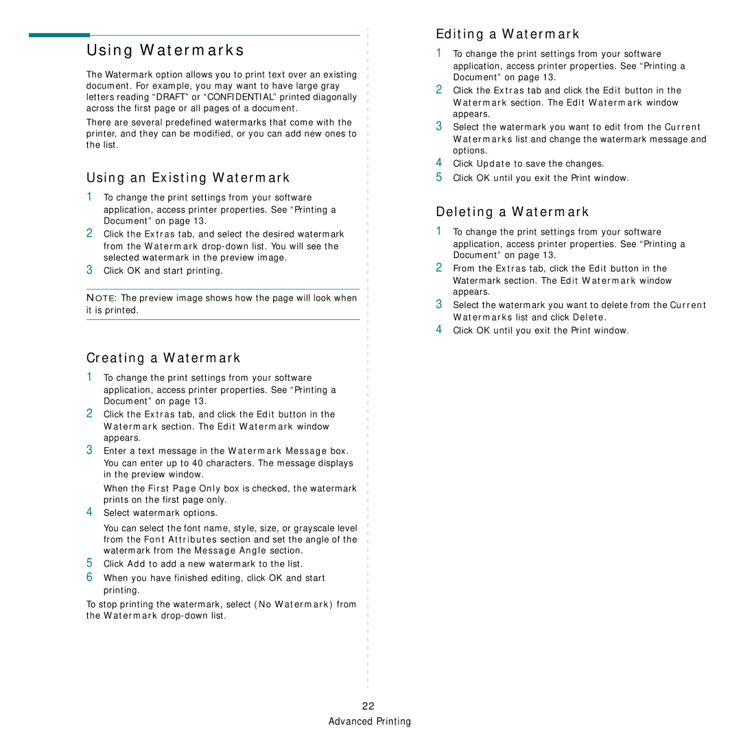 Samsung CLP-660 Series manual Using Watermarks, Using an Existing Watermark, Creating a Watermark, Editing a Watermark 