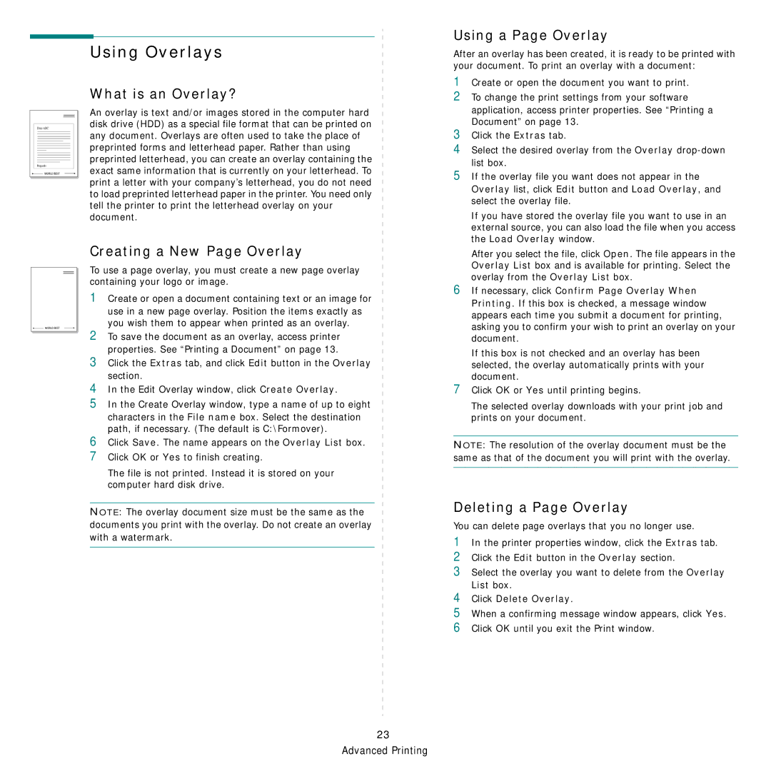 Samsung CLP-610 Series manual Using Overlays, What is an Overlay?, Creating a New Page Overlay, Using a Page Overlay 